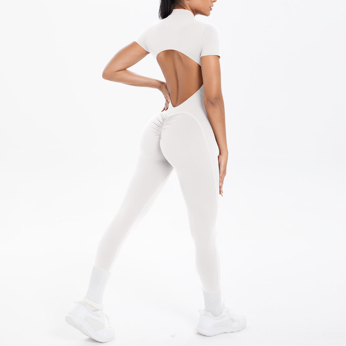 Sexy Backless Bodycon Scrunch Jumpsuit Raises Butt Women Dance Fitness Overalls Push Up  With Chest Cushion Yoga Sport Jump Suit