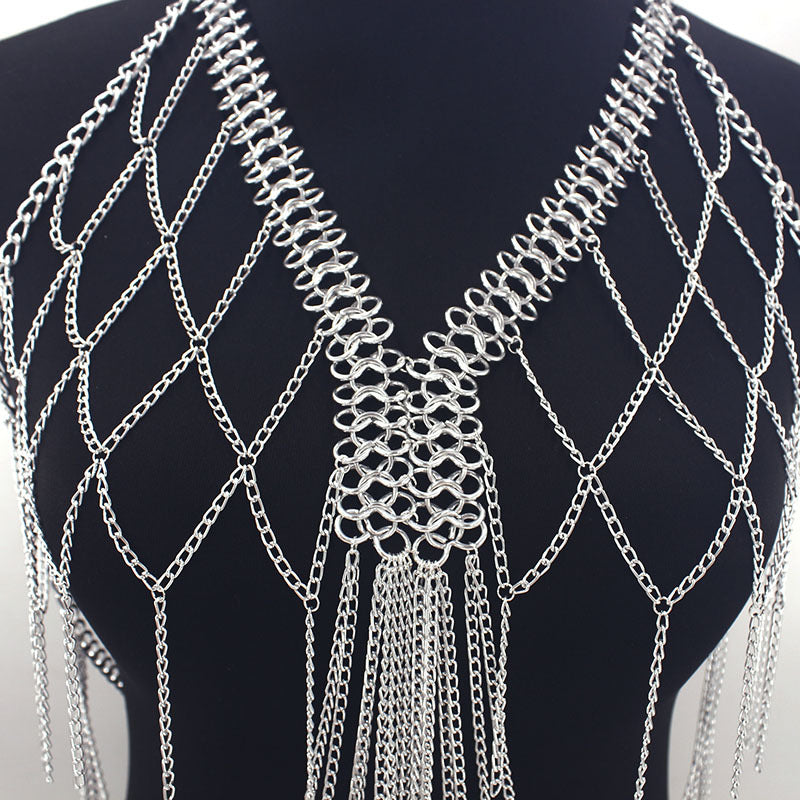 European and American Cross-Border Jewelry Women's Metal Mesh Cut Out Tassel Multi-Layer Chest Chain Nightclub Performance Fashion Clothing Accessories