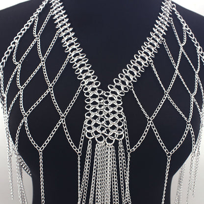 European and American Cross-Border Jewelry Women's Metal Mesh Cut Out Tassel Multi-Layer Chest Chain Nightclub Performance Fashion Clothing Accessories