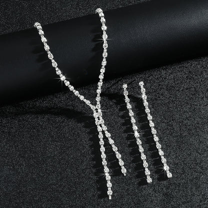 Fashion Popular Jewelry Exquisite Sparkling Rhinestone Tassel Long Necklace Earrings Set Bridal Party Jewelry