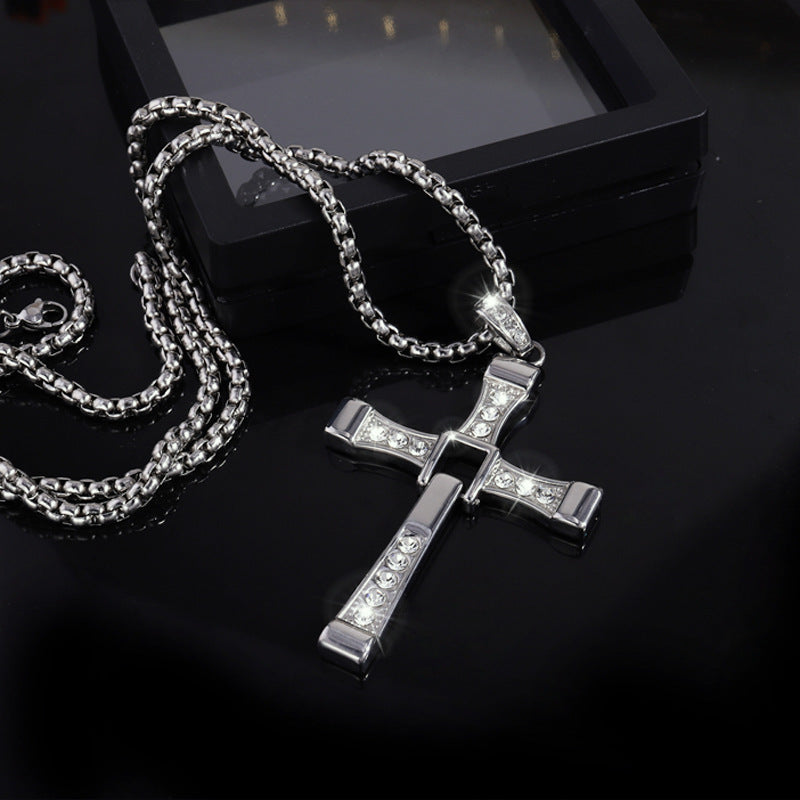 Cross-Border New Hot-Selling Fashion Personality Hip-Hop Stainless Steel Diamond Cross Pendant Necklace High-End Versatile Jewelry