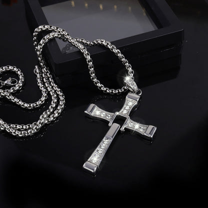Cross-Border New Hot-Selling Fashion Personality Hip-Hop Stainless Steel Diamond Cross Pendant Necklace High-End Versatile Jewelry