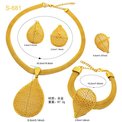24K Gold Dubai Explosions Bride Four-piece Flower Rhinestone Jewelry Alloy Necklace Bracelet Earrings Ring