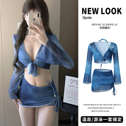 Swimsuit Women's Bikini Four-Piece Split Slimming Look Small Breasts 2025 New Long-Sleeved Hot Spring Girl Swimsuit High-End