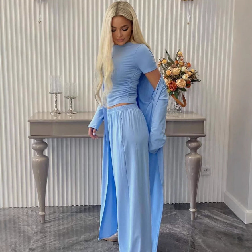 Women Cardigan Vest Wide Leg Pants 3 Piece Sets Top Long Coat Trousers Suit Office Lady Ensemble Spring Summer 2026 Outfits