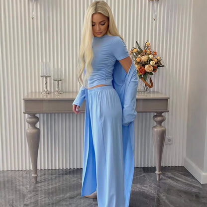Women Cardigan Vest Wide Leg Pants 3 Piece Sets Top Long Coat Trousers Suit Office Lady Ensemble Spring Summer 2026 Outfits