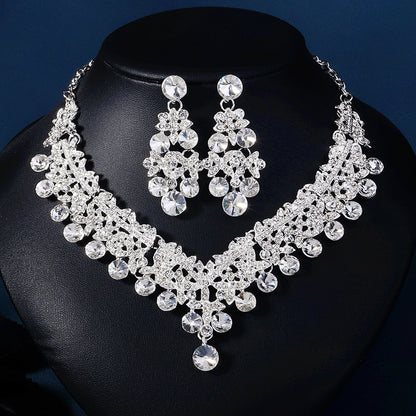 European and American Bride Jewelry Three-piece Suit High-class Dance Wedding Jewelry Alloy Diamond Crown Necklace Earrings suit