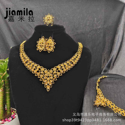 Jamila Middle East 24K Gold-Plated Women's Necklace Bracelet Earrings Ring Four-Piece European and American Bridal Jewelry Set