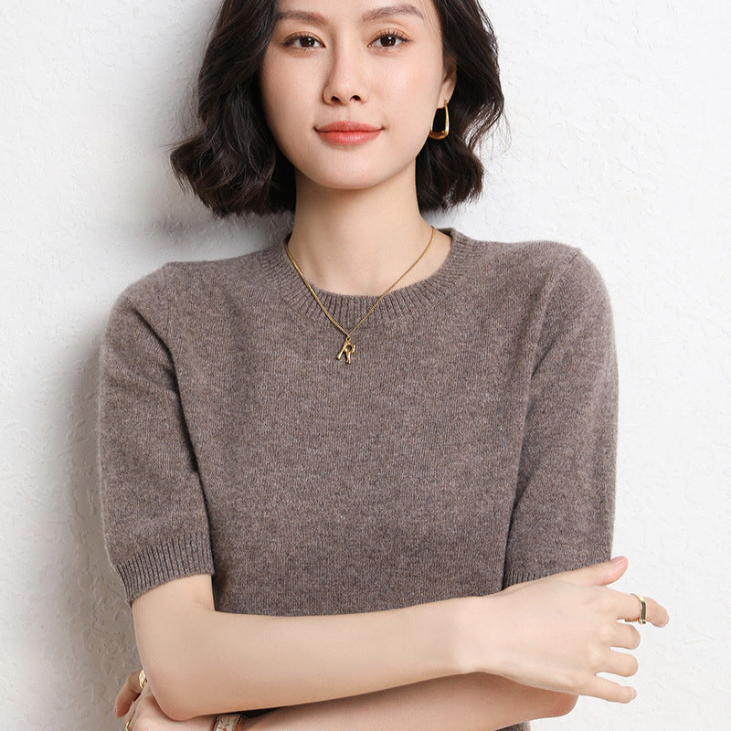 2025 Spring and Summer New Style Knitted Short-Sleeved Women's Round Neck Bottoming Knitted Pullover Half-Sleeved Sweater Loose Bottoming Sweater