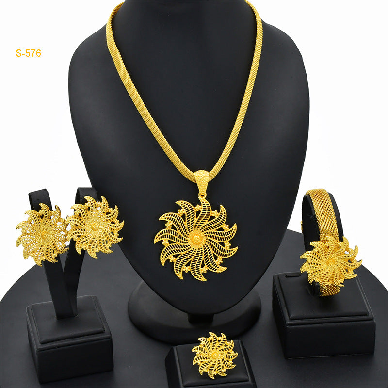 24K Gold Dubai Explosions Bride Four-piece Flower Rhinestone Jewelry Alloy Necklace Bracelet Earrings Ring