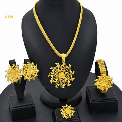 24K Gold Dubai Explosions Bride Four-piece Flower Rhinestone Jewelry Alloy Necklace Bracelet Earrings Ring