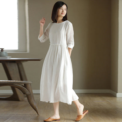 2023 New Summer Cotton Linen dress Women's High Waist Slimming Artistic Loose Retro Seven-Sleeve Round Neck Dress