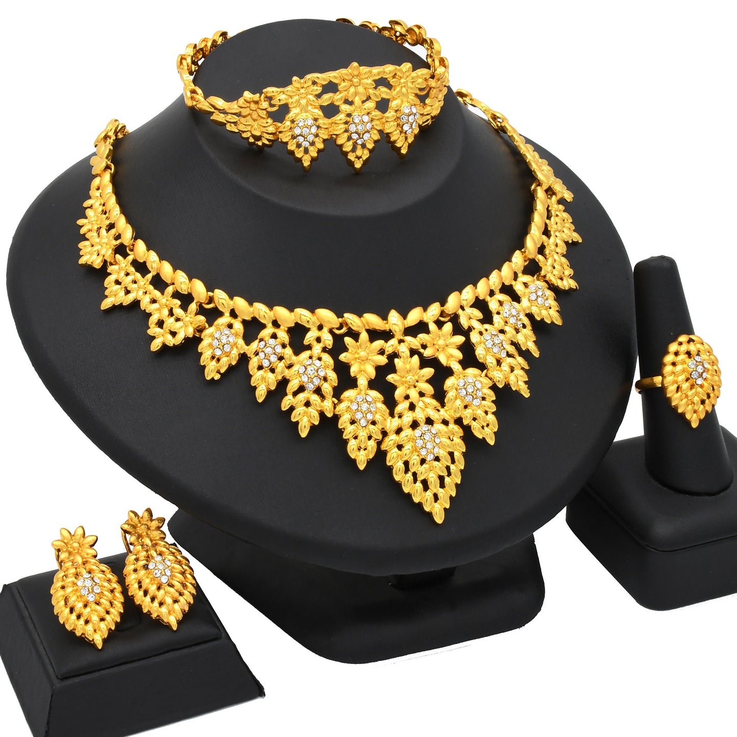 24K Gold Dubai Explosions Bride Four-piece Flower Rhinestone Jewelry Alloy Necklace Bracelet Earrings Ring