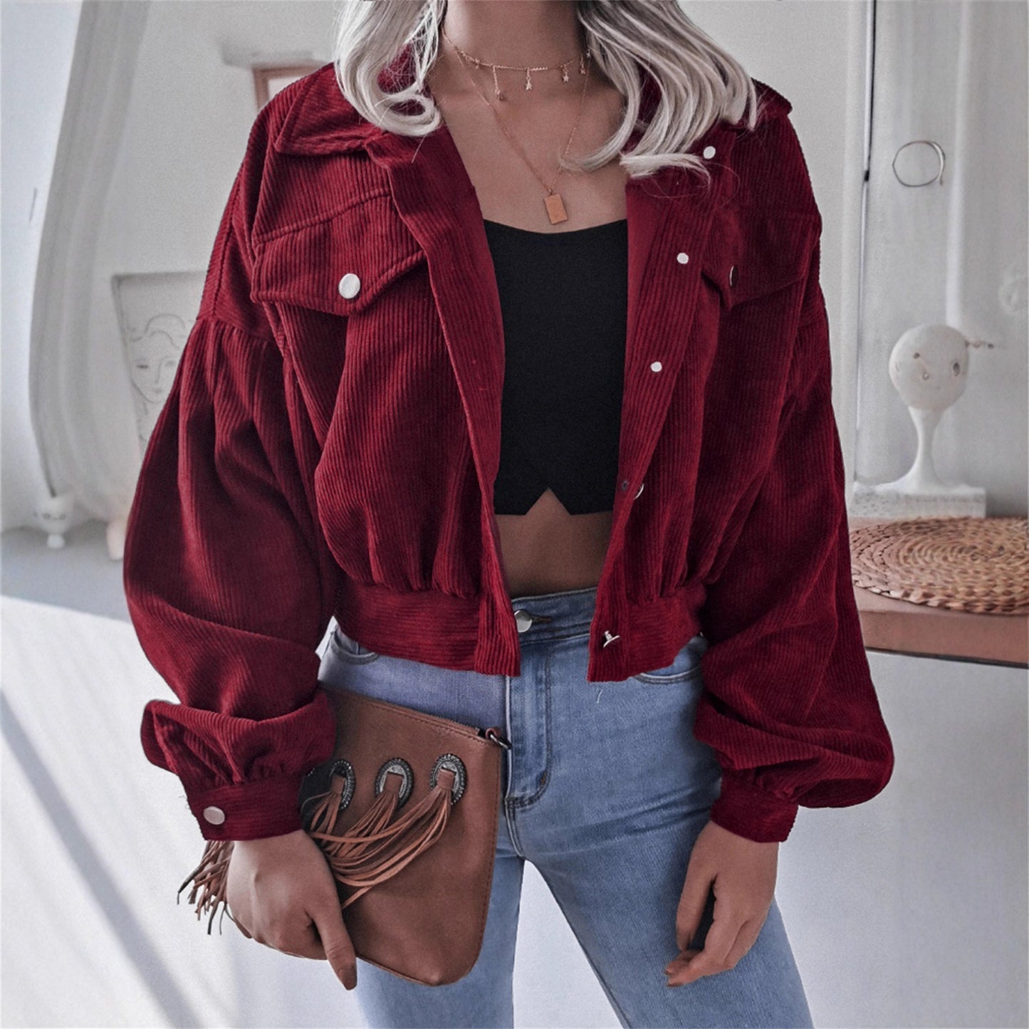 Ins Style Autumn and Winter European and American Lantern Long-Sleeved Corduroy Casual Short Outwear Jacket Amazon Hot Cross-Border Women's Clothing