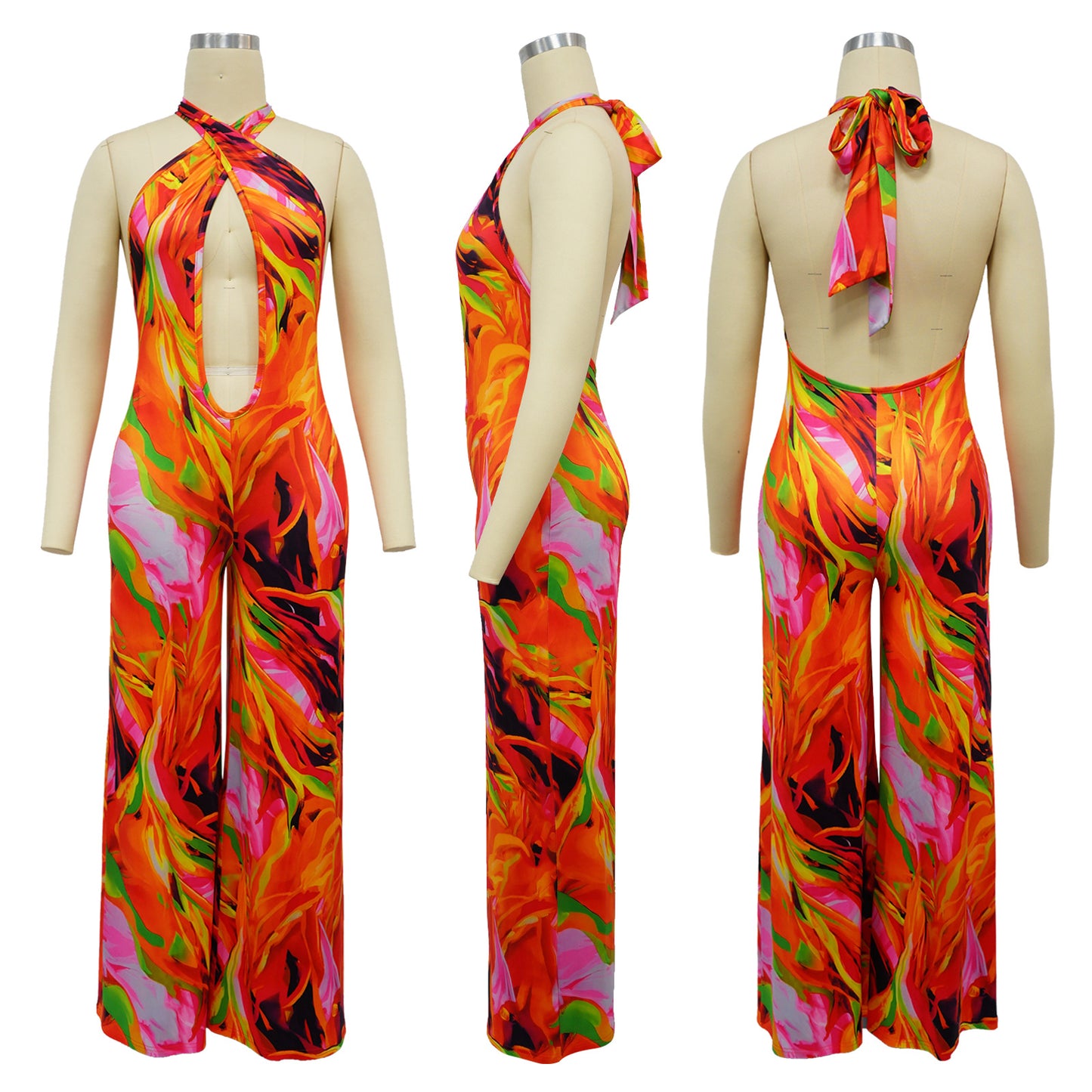 CM.YAYA Women Wide Leg V-neck Halter Sleeveless Print Jumpsuits 2024 Summer Night Club Street Playsuit One Piece Suit Rompers