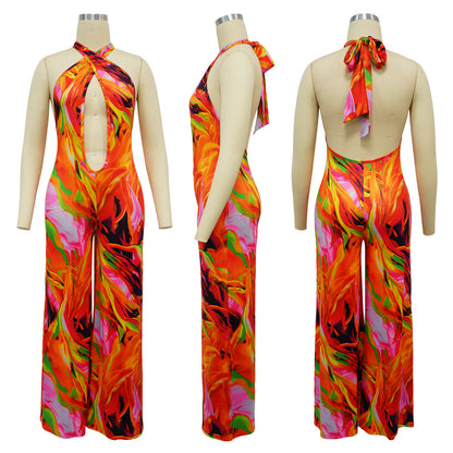 CM.YAYA Women Wide Leg V-neck Halter Sleeveless Print Jumpsuits 2024 Summer Night Club Street Playsuit One Piece Suit Rompers
