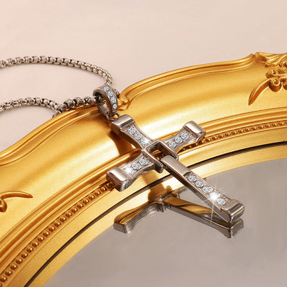 Cross-Border New Hot-Selling Fashion Personality Hip-Hop Stainless Steel Diamond Cross Pendant Necklace High-End Versatile Jewelry