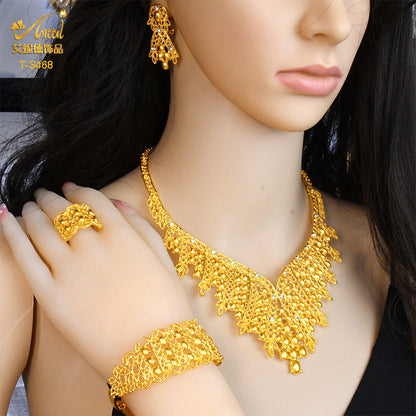 Cross-border hot selling four-piece Indian Dubai gold jewelry necklace bracelet ring earrings bridal wedding big jewelry