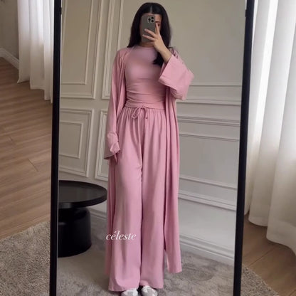 Women Cardigan Vest Wide Leg Pants 3 Piece Sets Top Long Coat Trousers Suit Office Lady Ensemble Spring Summer 2026 Outfits
