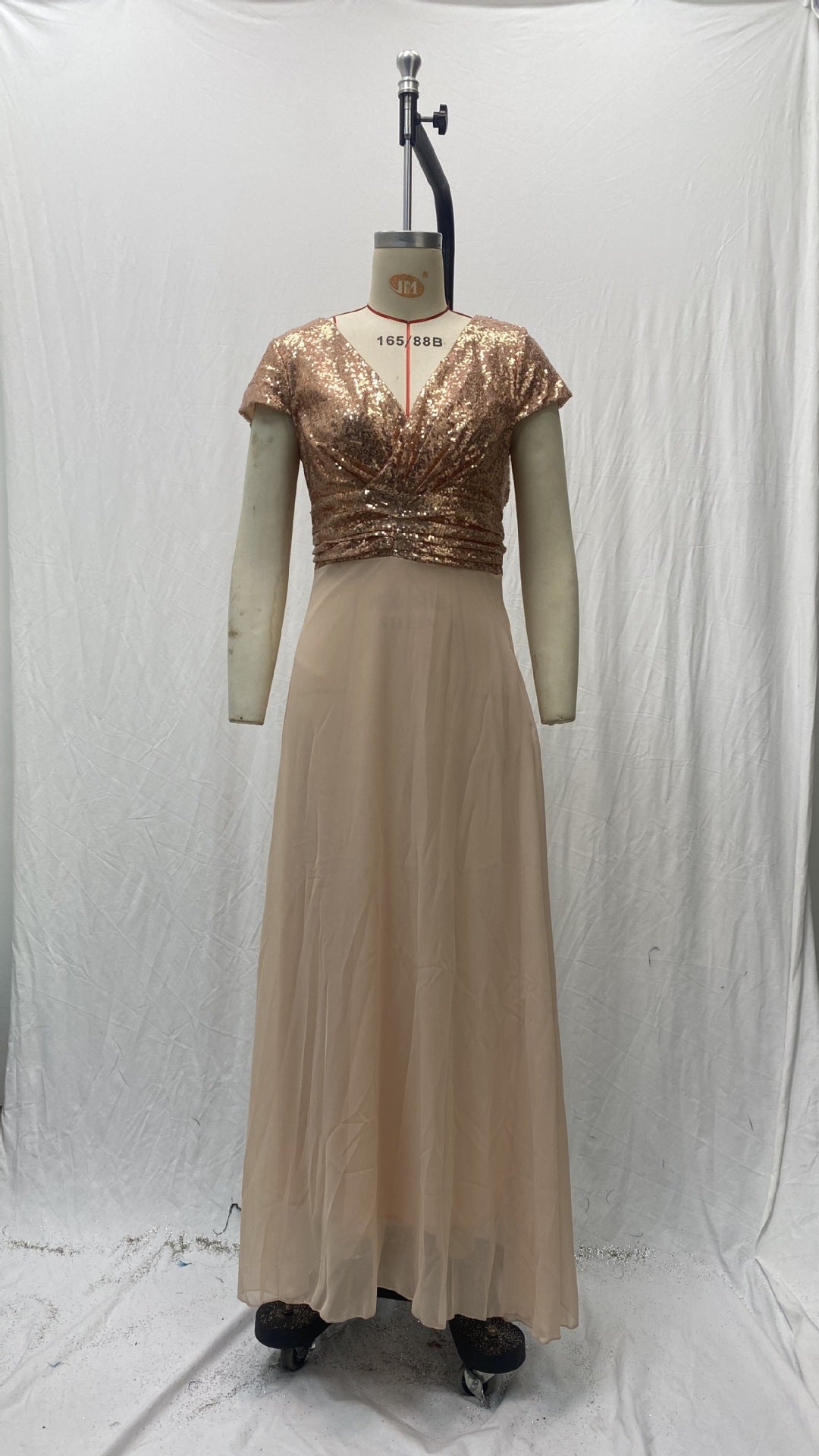 2025 Cross-Border New Spring and Summer European and American Clothing Sleeveless Dress V Neck Sequined Elegant Chiffon Splicing Evening Dress