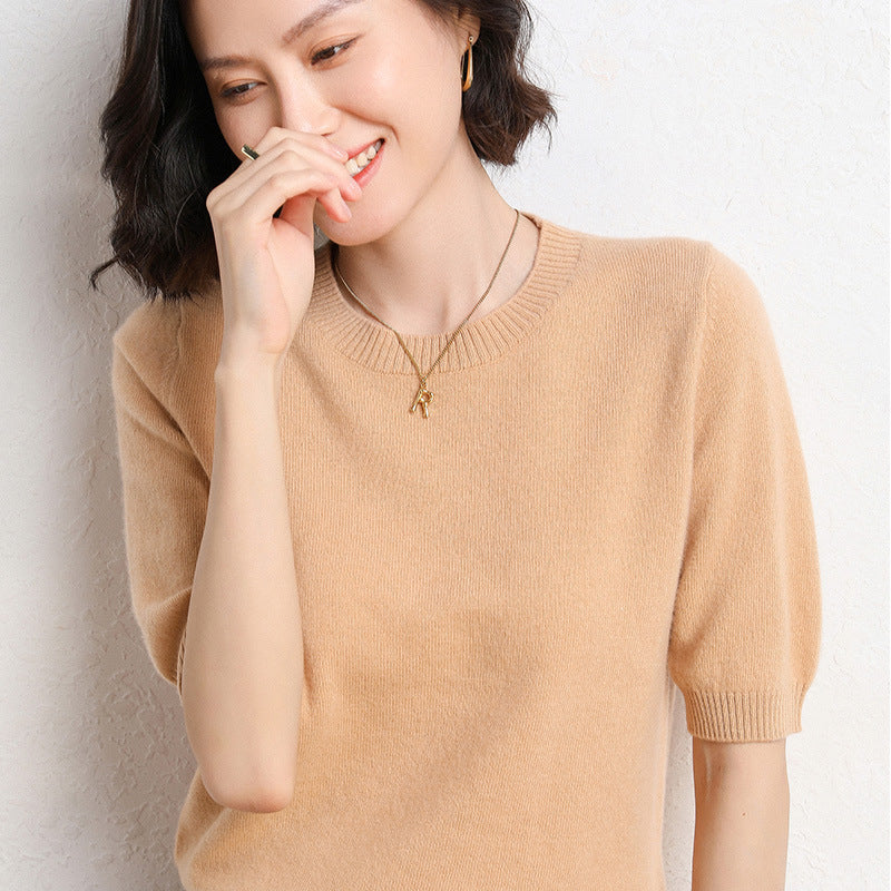 2025 Spring and Summer New Style Knitted Short-Sleeved Women's Round Neck Bottoming Knitted Pullover Half-Sleeved Sweater Loose Bottoming Sweater