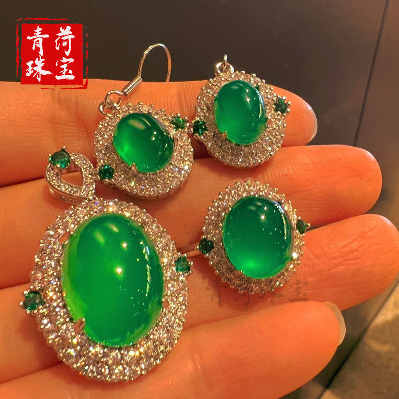 New Chinese Style Chrysoprase Pendant Ring Earrings Jade Pendant Jewelry Three-Piece Set Simple Retro Agate Inlay