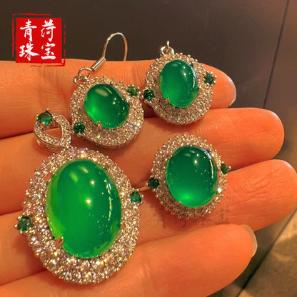 New Chinese Style Chrysoprase Pendant Ring Earrings Jade Pendant Jewelry Three-Piece Set Simple Retro Agate Inlay