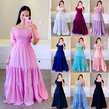 2025 Cross-Border New Spring and Summer European and American Clothing Dress One-Shoulder Floral Off-Shoulder Long Color Fairy Skirt