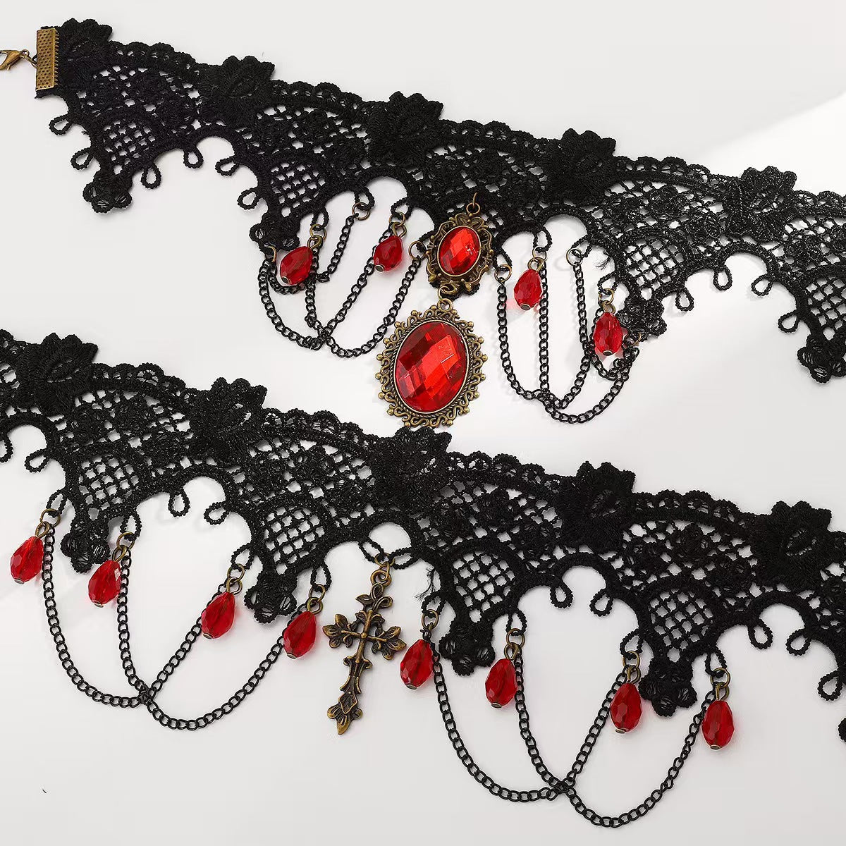 European and American Cross-Border Jewelry Gothic Style Halloween Cross Gemstone Necklace Niche Lace Tassel Necklace Accessories