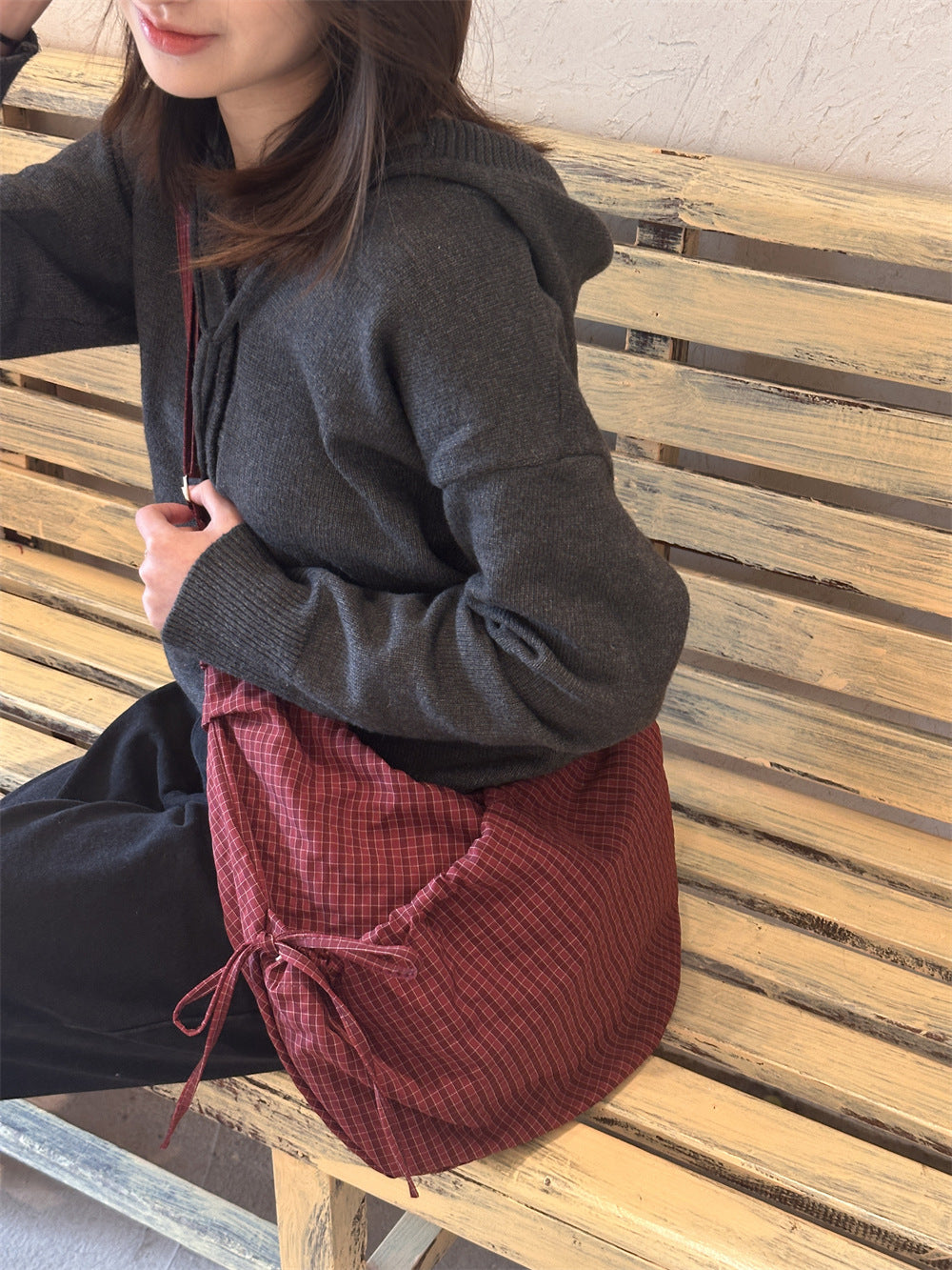 Retro Plaid Hobos Messenger Bags for Women Drawstring Pocket Nylon Dumpling Bag Large Capacity Portable Travel Shoulder Bags