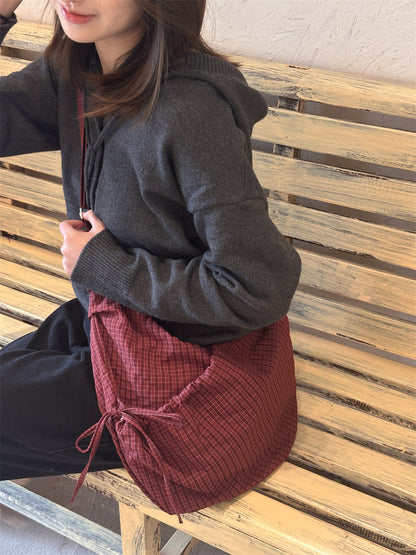 Retro Plaid Hobos Messenger Bags for Women Drawstring Pocket Nylon Dumpling Bag Large Capacity Portable Travel Shoulder Bags