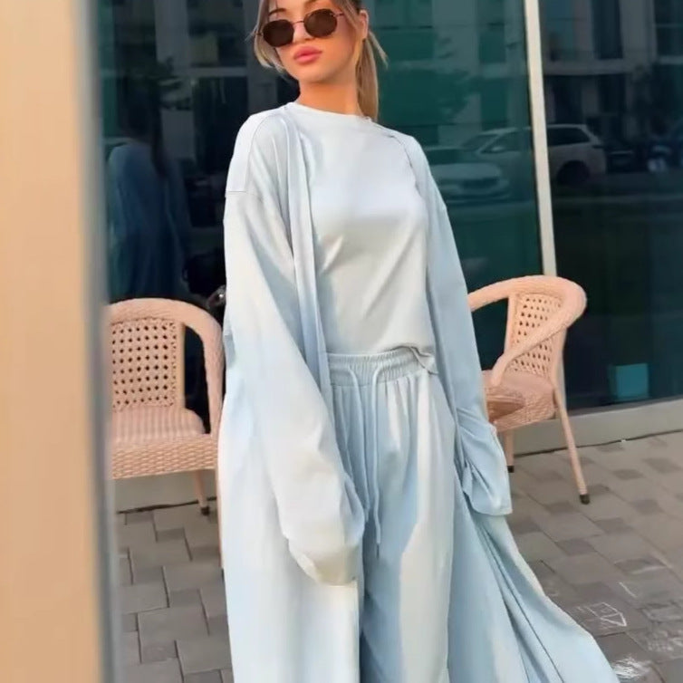 Women Cardigan Vest Wide Leg Pants 3 Piece Sets Top Long Coat Trousers Suit Office Lady Ensemble Spring Summer 2026 Outfits
