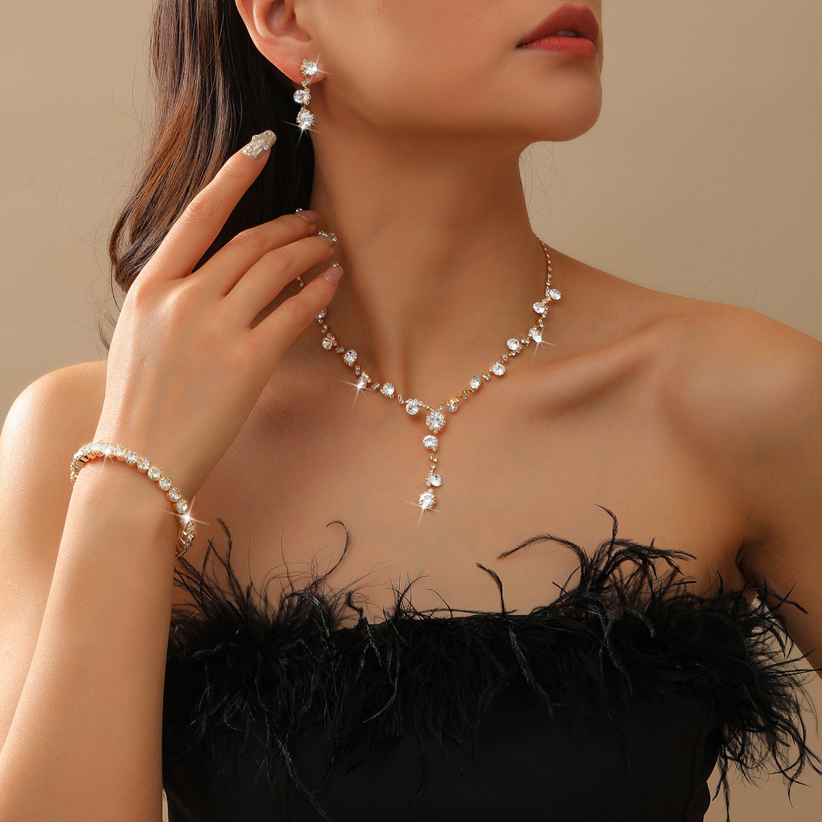 Explosive Jewelry Flash Diamond Inlaid with Full Diamond Women's Wedding Accessories Necklace Earrings Bracelet Three-piece Bridal suit