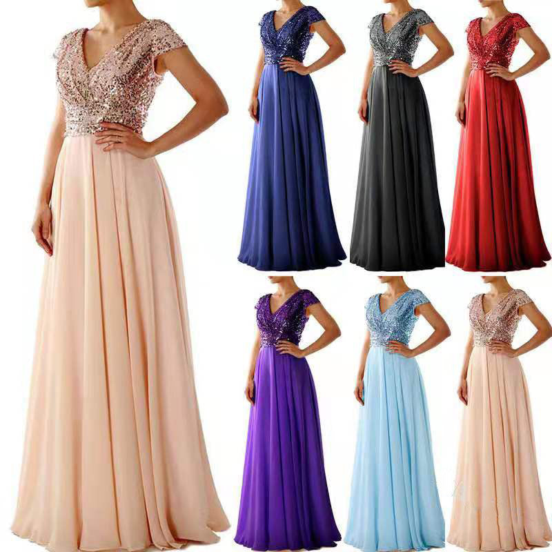 2025 Cross-Border New Spring and Summer European and American Clothing Sleeveless Dress V Neck Sequined Elegant Chiffon Splicing Evening Dress