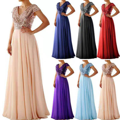 2025 Cross-Border New Spring and Summer European and American Clothing Sleeveless Dress V Neck Sequined Elegant Chiffon Splicing Evening Dress