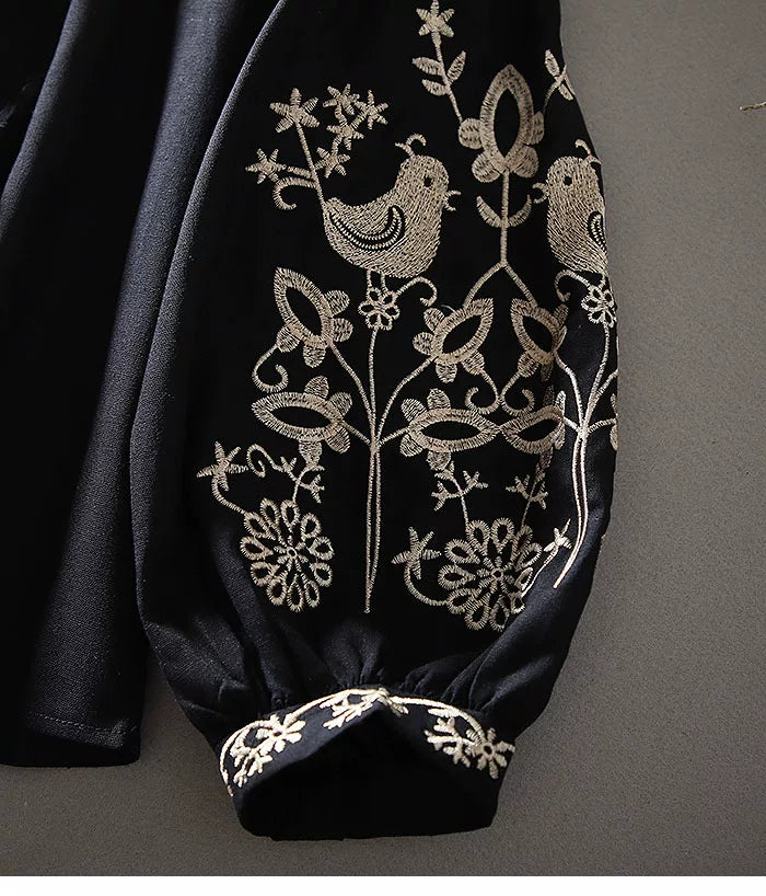 European Station Fashion Ethnic Style Lantern Sleeve Cotton Linen Long Sleeve Heavy Industry Embroidered Loose Casual Shirt Women's Autumn Top