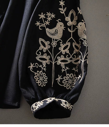 European Station Fashion Ethnic Style Lantern Sleeve Cotton Linen Long Sleeve Heavy Industry Embroidered Loose Casual Shirt Women's Autumn Top