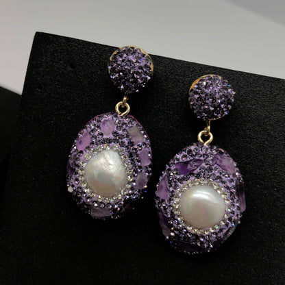 Purple Snakeskin Pearl Jewelry suit Ring Earrings Bracelet Women's Handmade Inlaid Amethyst Diamond Personality Fashion