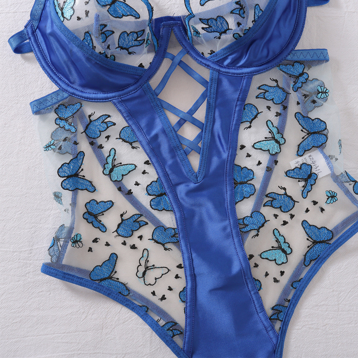 CHILLGIO Women Butterfly Embroidery Mesh Bodysuits Push Up Underwire Tights Sexy One Piece Combination Strappy Rompers Lingerie