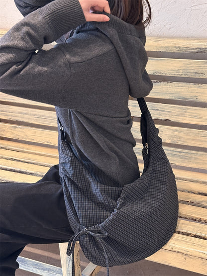 Retro Plaid Hobos Messenger Bags for Women Drawstring Pocket Nylon Dumpling Bag Large Capacity Portable Travel Shoulder Bags