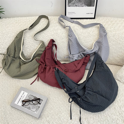 Retro Plaid Hobos Messenger Bags for Women Drawstring Pocket Nylon Dumpling Bag Large Capacity Portable Travel Shoulder Bags