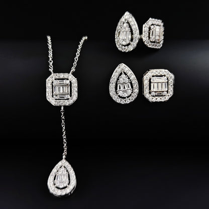 Amazon Fashion Cross-border New Square Long Zircon Earrings Ring Necklace Jewelry Three-piece Set j6138