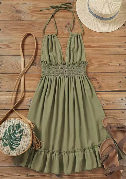 European and American Amazon Cross-Border Popular Women's Clothing Deep V Rope Suspender Parallel Pleated Sexy Dress Beach Degree
