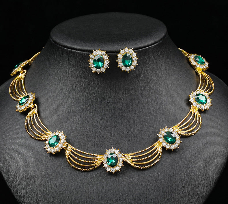 Jewelry Set, Gemstone Necklace, Literary Retro, Medieval Palace Fan-Shaped, Beautiful Popular Necklace, Earrings Set