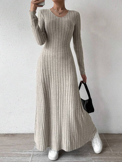 European and American Cross-Border Amazon Dress Slim Fashion Women's Knitted Pure Color Long-Sleeved A-Line Street Long Skirt for Women