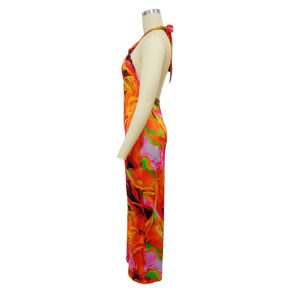 CM.YAYA Women Wide Leg V-neck Halter Sleeveless Print Jumpsuits 2024 Summer Night Club Street Playsuit One Piece Suit Rompers