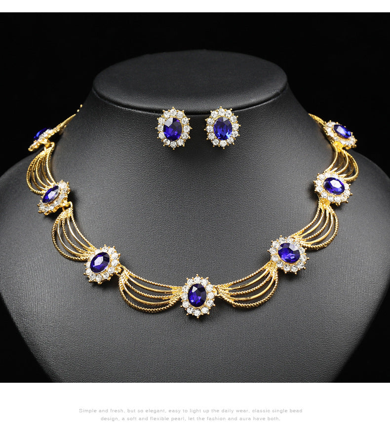 Jewelry Set, Gemstone Necklace, Literary Retro, Medieval Palace Fan-Shaped, Beautiful Popular Necklace, Earrings Set