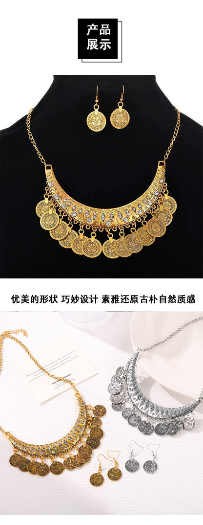 European and American Retro Fashion Golden Roman Coin Tassel Necklace Bohemian Ethnic Style Clavicle Chain Jewelry suit