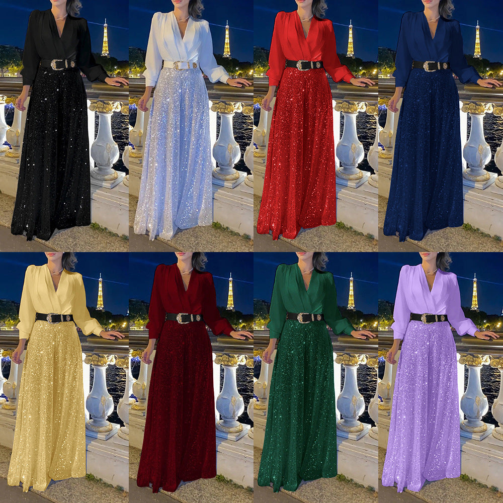 2025 Dress Women's Spring & Fall High-End V Neck Long-Sleeved Shirt Elegant Waist Sequin French Wide-Leg Pants