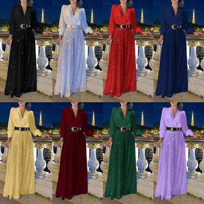 2025 Dress Women's Spring & Fall High-End V Neck Long-Sleeved Shirt Elegant Waist Sequin French Wide-Leg Pants